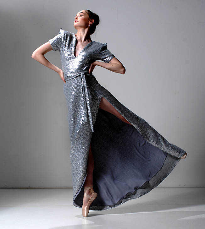 Lucy Laurita Viva  Gown Silver Paloma Sequin  Model Eryn Saunders Image Maurice Rinald
